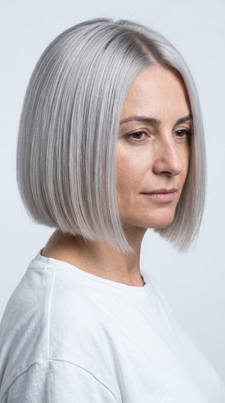 Bold Platinum Power Bob: Modern Summer Hair 2026 short icy platinum bob with ash shadow root, razor-sharp blunt cut, no fringe — bold modern