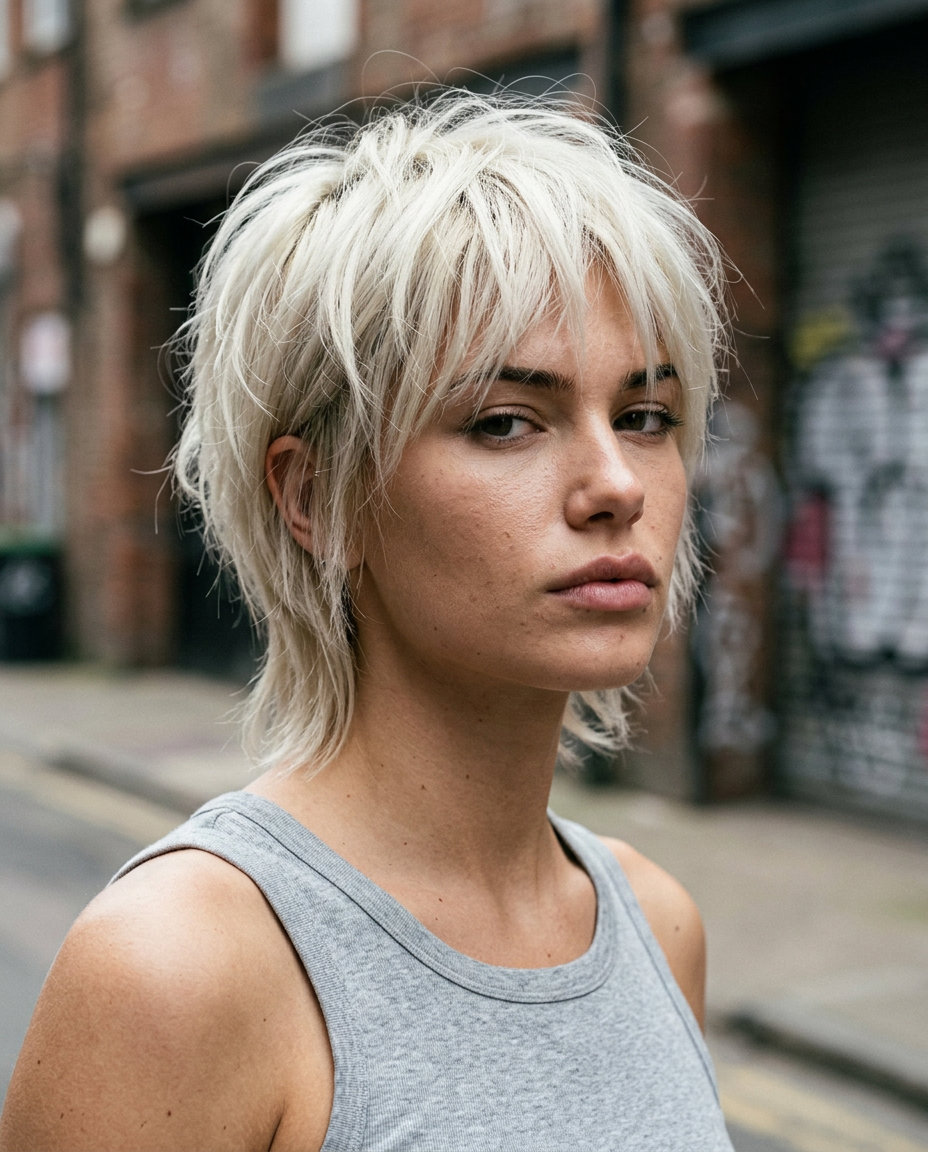 short icy platinum bob haircut with textured layers and micro-fringe for music festival