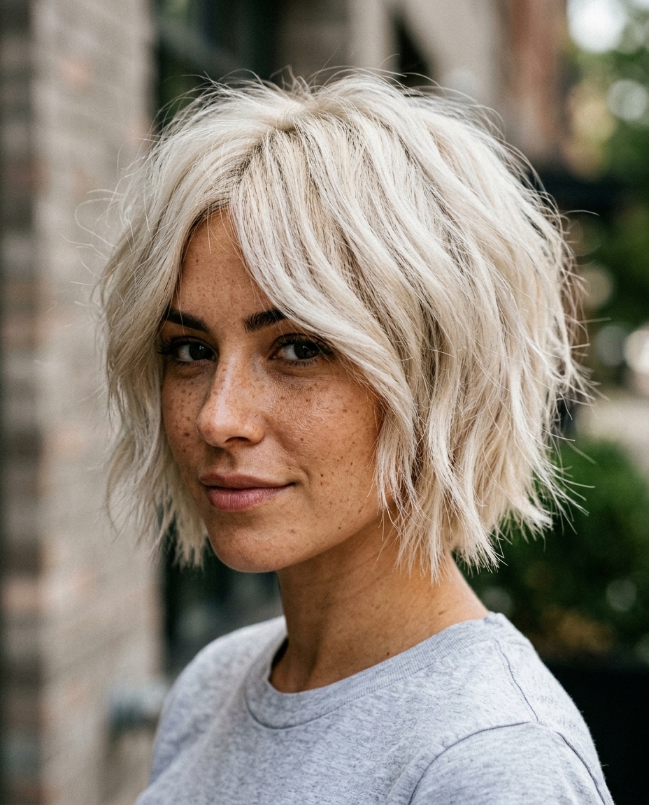 short platinum blonde butterfly bob with choppy layers, cheekbone wings — edgy rebellious