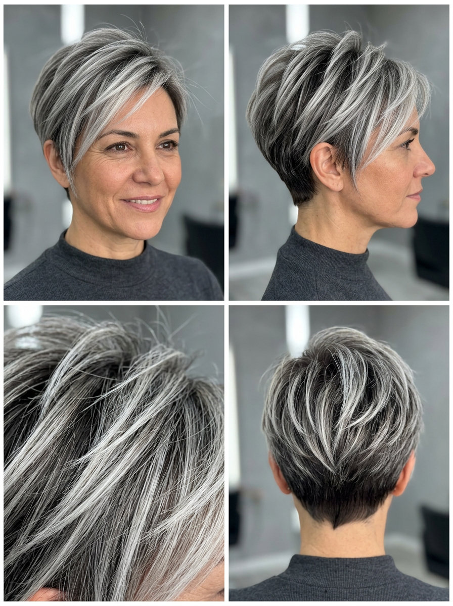 short platinum crop with natural root and razored texture — edgy modern