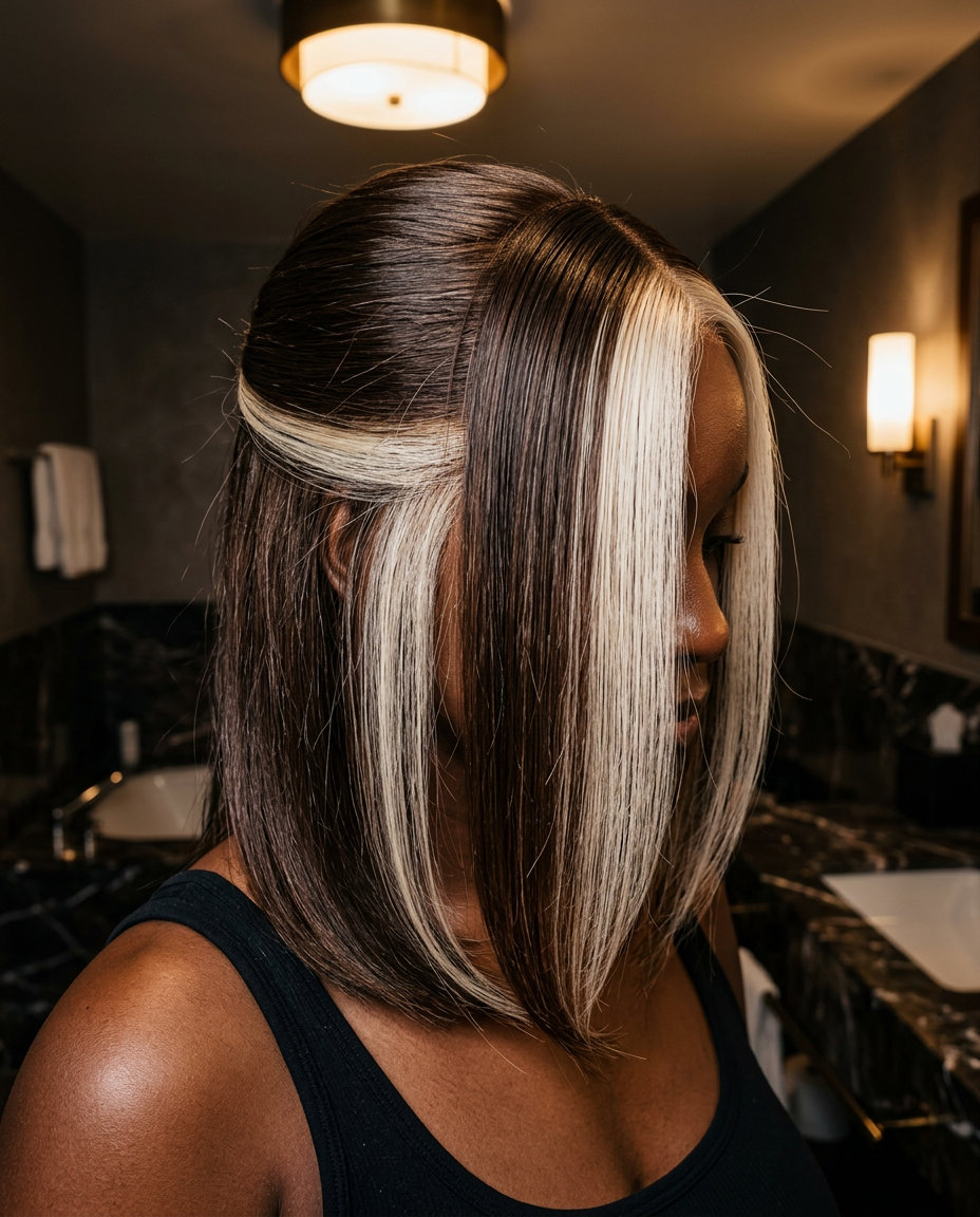 short platinum blonde money piece highlights with cool ash tone, high contrast — edgy music festival