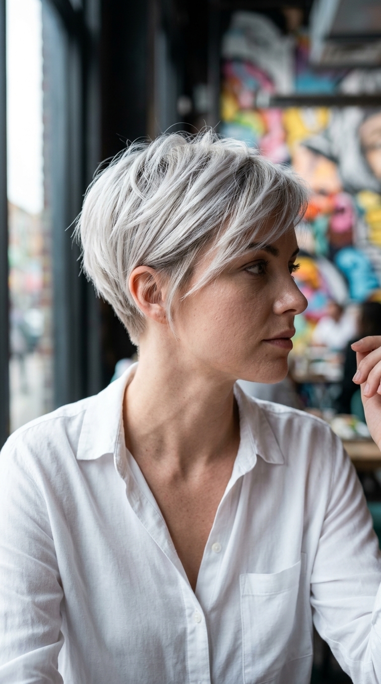 short pixie haircut with platinum blonde and silver undertones, feathered layers, no bangs — playful festival style