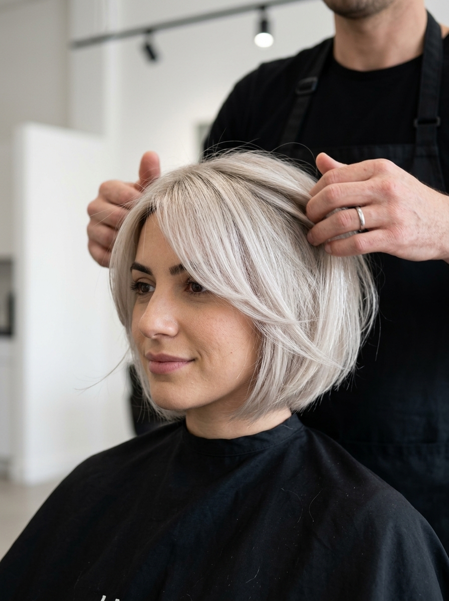 short razor bob haircut with cool platinum blonde, voluminous layers, and side-swept bangs — glamorous