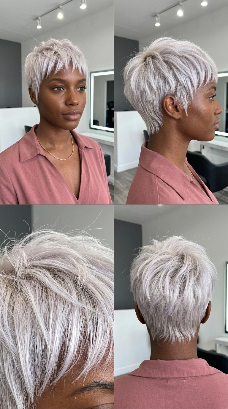 ultra-short pixie haircut with icy platinum blonde and violet toner, choppy disconnected layers, wispy micro-bangs — bold edgy style