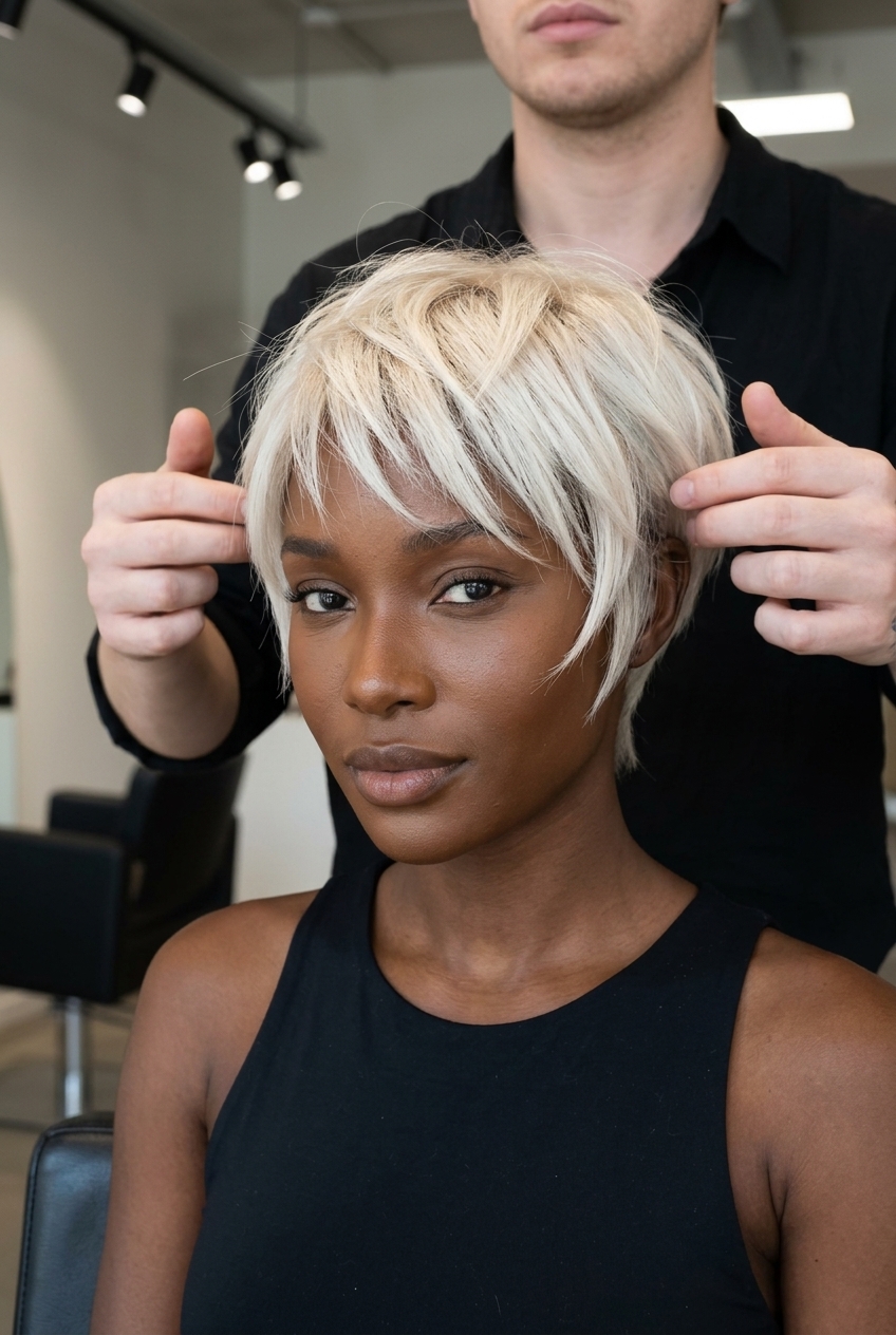 very short layered haircuts with icy platinum blonde, cool shadow root, sharp razor layers — edgy bold