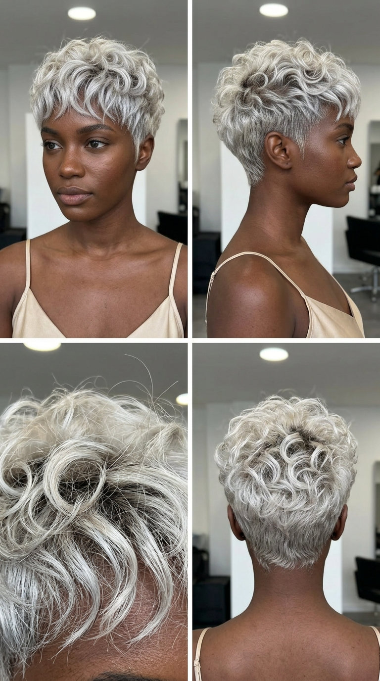 Platinum Punk Curly Pixie 2026: Silver Tones very short curly pixie haircut with icy platinum blonde, silver undertones and root smudge for punk looks