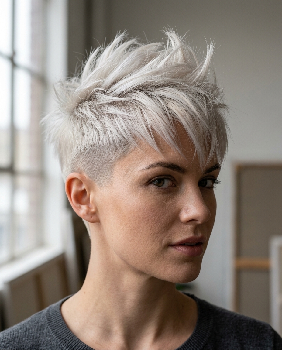 very short spiky pixie haircut in icy platinum blonde with cool violet toner, sharp clipper fade for edgy events