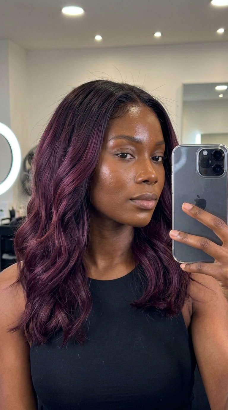 long v-cut plum black cherry ombré with violet-red undertones, jewel-toned richness — edgy summer hair color ideas 2026