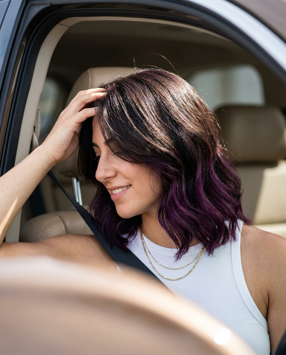 long layered hair with deep plum peekaboo underneath and dark brown top layer for summer