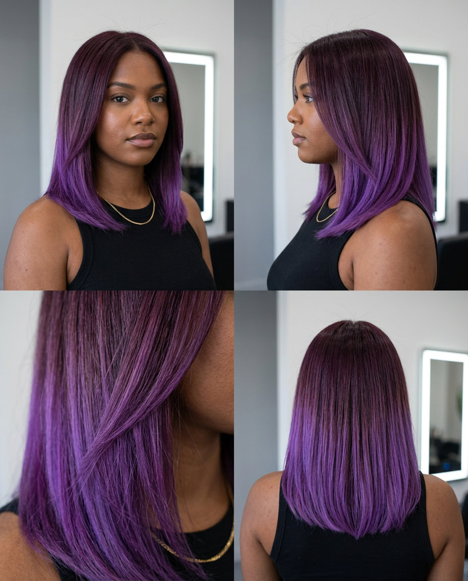 long deep plum ombré with violet ends, hand-painted balayage, no fringe — edgy date night