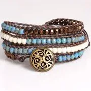 accessory Brown Leather Bracelet, Western Jewelry, Layered Bracelet with Bronze, Cream and Turquoise Glass Beads, Gift for Her michaels.com $72