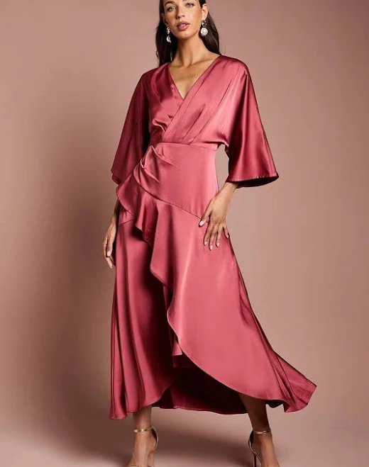 dress Coast Women's Satin Back Crepe Ruffle Wrap Midi Dress boohoo USA $180.6