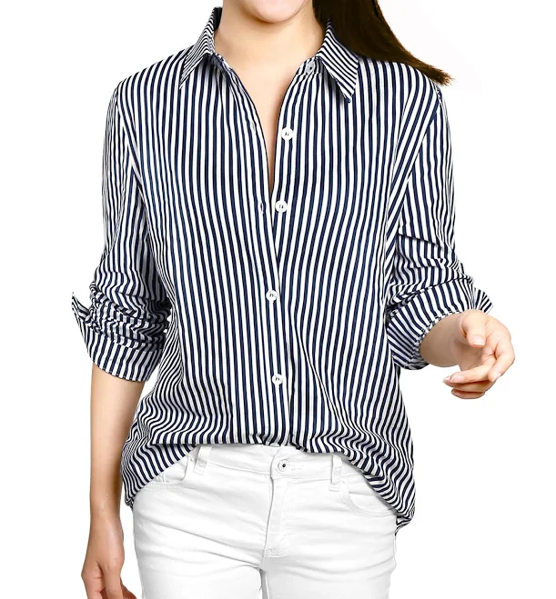 top Daring Diva Women's Long Sleeve Vertical Stripes Button Down Shirt Walmart $24.99