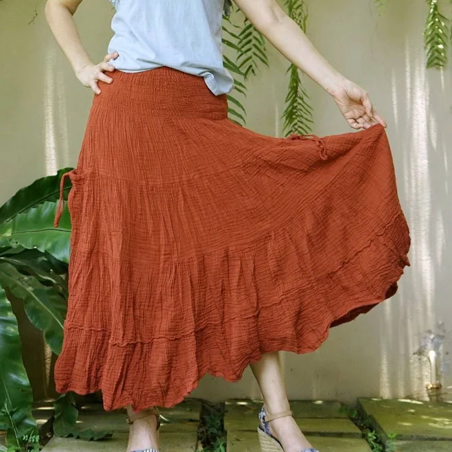 skirt DBS1 Boho Smocked Waist Double Gauze Cotton Midi Skirt Etsy - beyondclothing $62