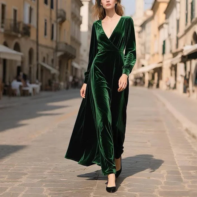dress Emerald Green Velvet Maxi Dress Women Long Sleeve V Neck Dress Gown Fall Winter Dress Dress Dress Etsy - Seller $68.9