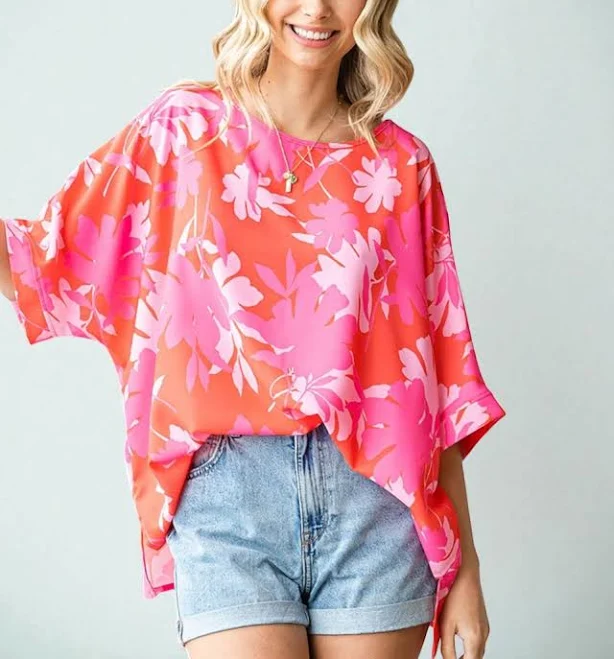 top First Love Slit Printed Round Neck Half Sleeve Blouse Beach Rose Co. $40
