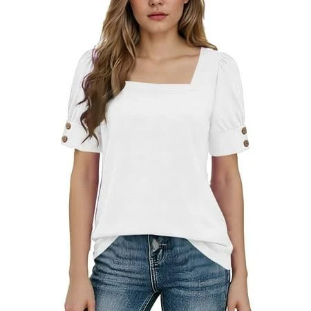 top Guzomy Womens White Square Neck Top, Puff Sleeve Casual Blouse - Soft Stretchy Relaxed Fit for Everyday Wear,Size 2XL, Women's Walmart - Nebwoak Clothing $14.88