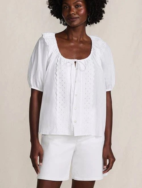 top Lands' End Women's Voile Puff Elbow Sleeve Embroidered Blouse Nordstrom $59.95