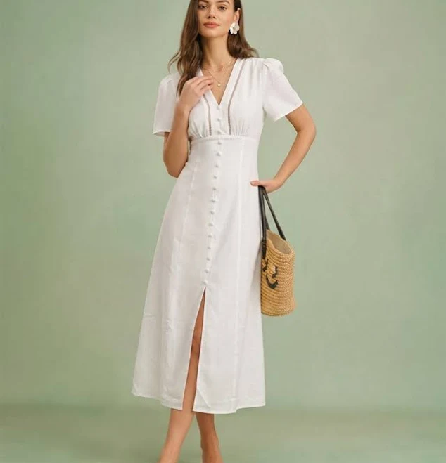 dress Rihoas Cotton Linen A-Line Midi Dress with Slit Rihoas $49