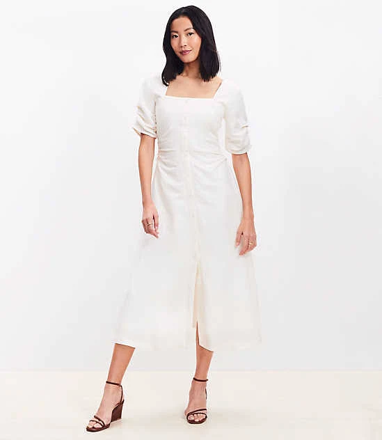 dress Women's Loft Shirred Linen Blend Button Midi Dress LOFT $32.49
