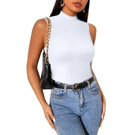 top Women's Sleeveless Mock Turtleneck Slim Fit Stretch Ribbed Tank Tops Walmart - Vafful $14.99