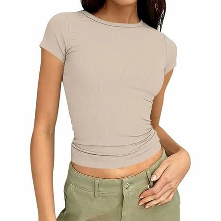 top Women's Slim Fit Ribbed Knit Crew Neck Short Sleeve Crop Top Walmart - Fashion Outfits For You $5.65