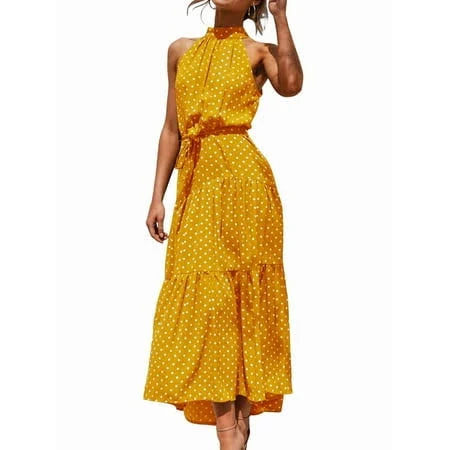 dress Women's Summer Polka Dot Print Sleeveless Halter Neck Flowy Ruffle Hem Long Boho Dresses with Belt Yellow L, Size: Large Walmart - Tidecus $25.79