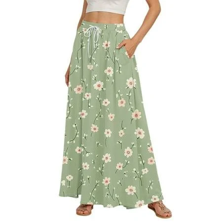 skirt Wtobby Women's Floral Print Flowy Flared Maxi Skirt with Ruffle Hem, A-Line Elastic Waist Elegant Tiered Layered Bohemian Long Skirt for Casual Summer Walmart - WTBobby $10.67