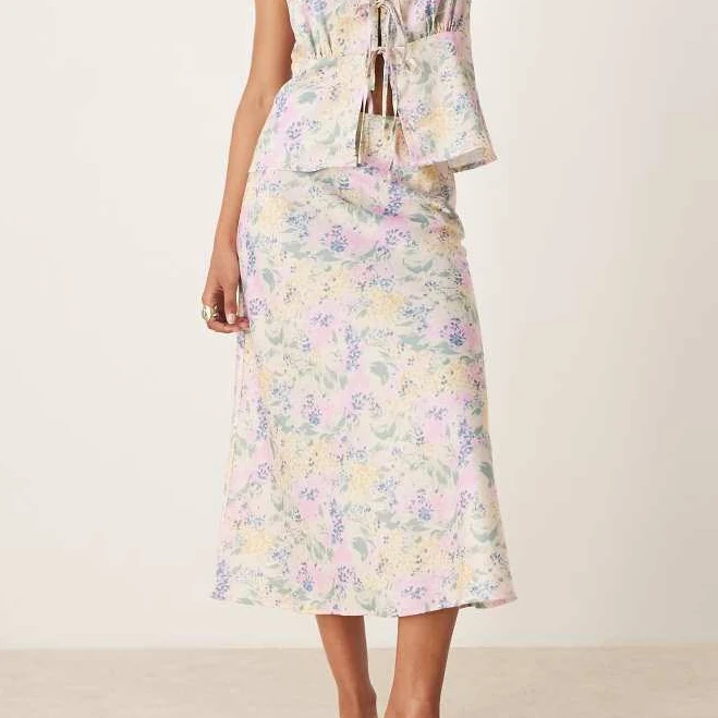 skirt YAS satin midi skirt in pink floral ASOS $39