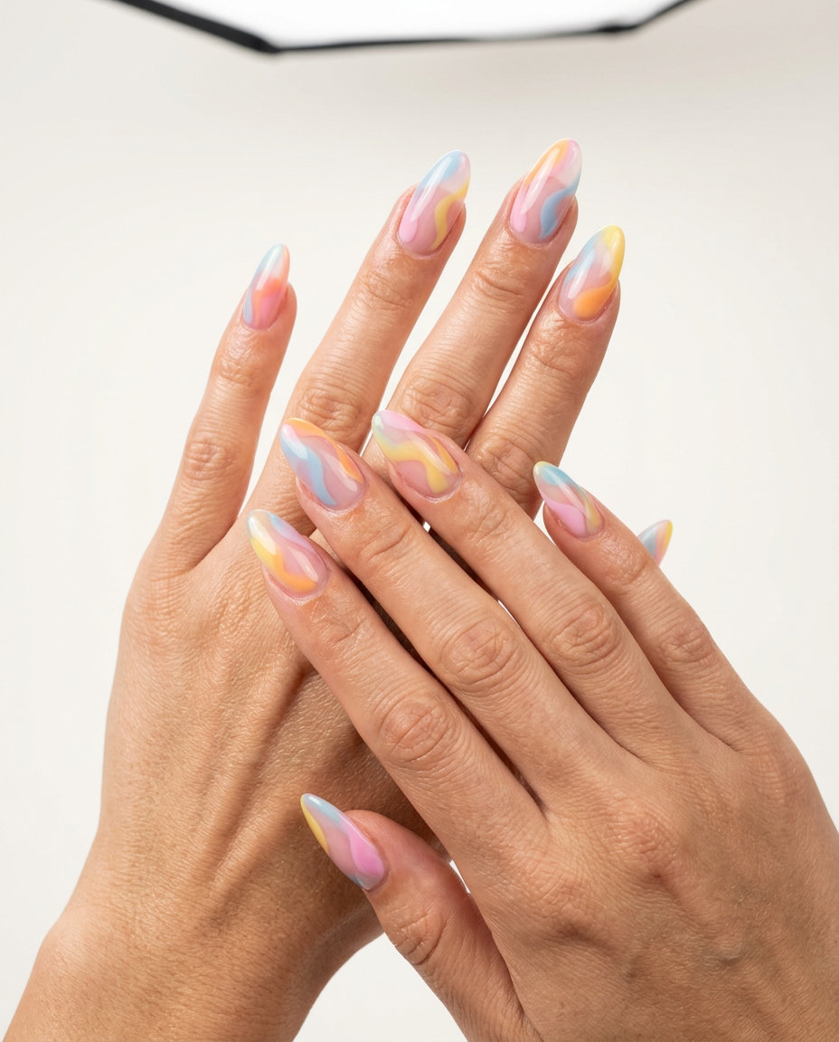 Rainbow Sherbet Jelly Swirls nails: playful pastel swirls for summer vibes nails 2026.