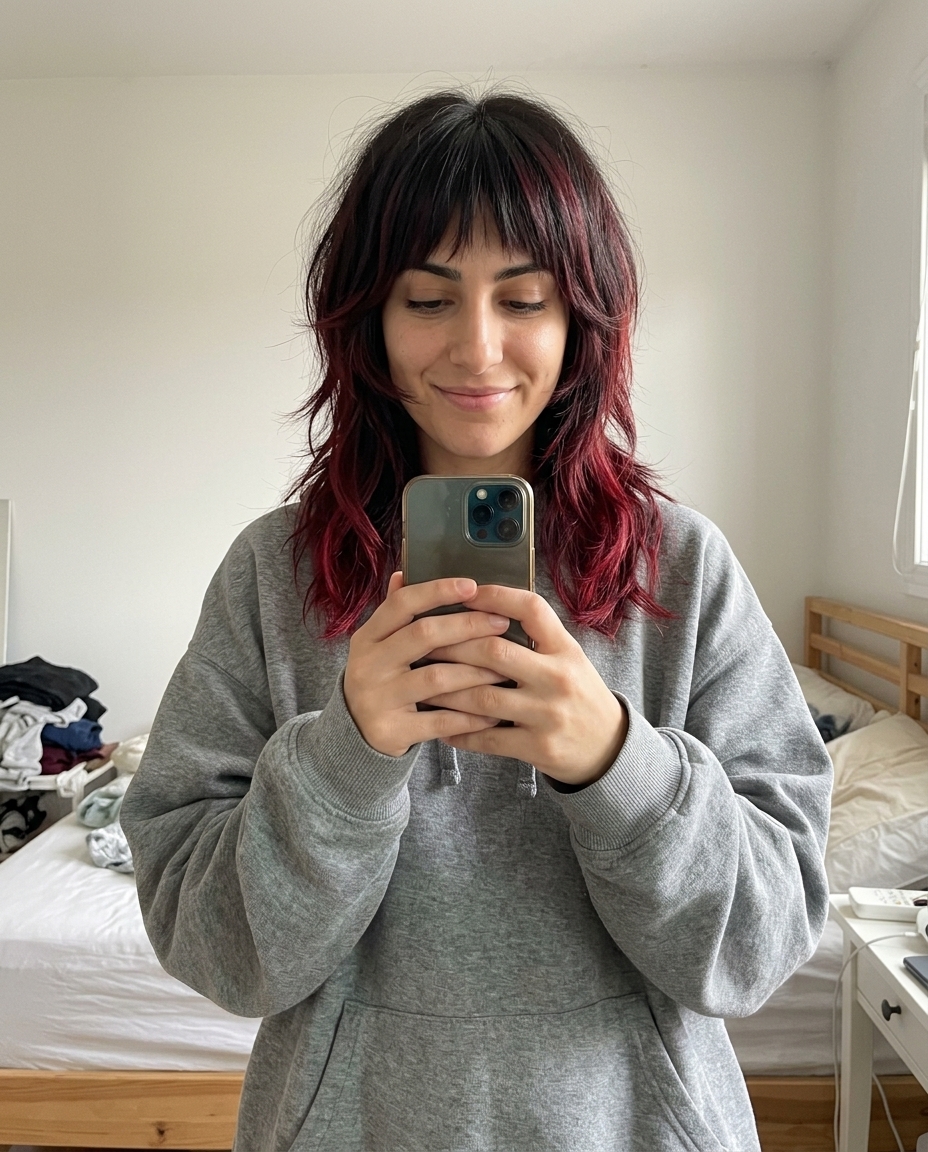 Crimson Tipped Rebel Shag Haircut 2026 mid-length raven shag with crimson red tips, razored layers, choppy fringe — edgy rebellious