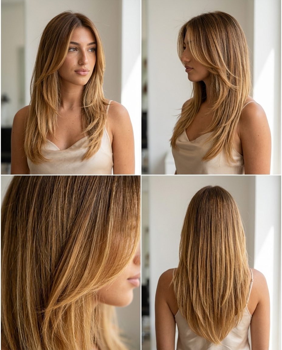 Raw Amber Honey Melt Hair 2026 long ombre with raw amber honey blonde, dark espresso root, soft internal layers, U-shape back — effortless daily wear