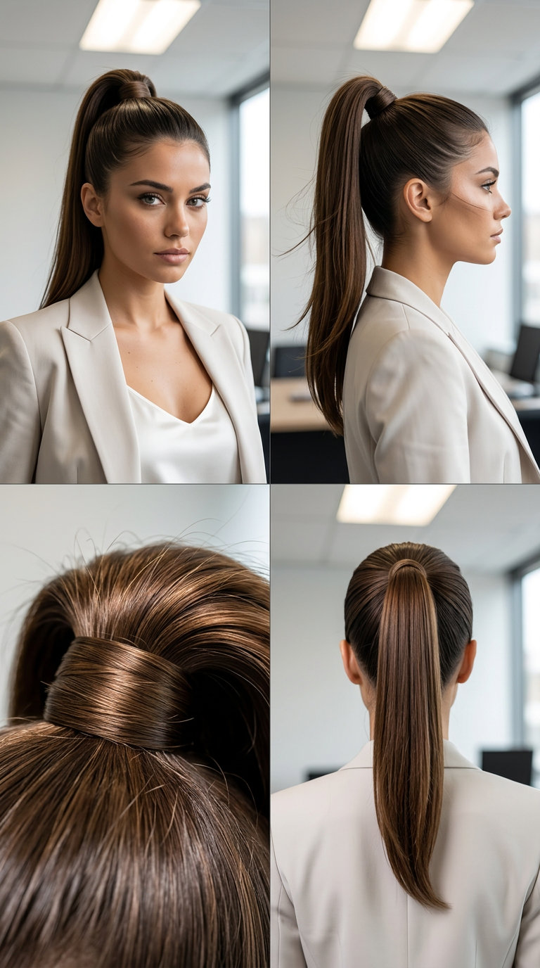 long sleek high ponytail with rich brunette color, smoothed finish for professional events