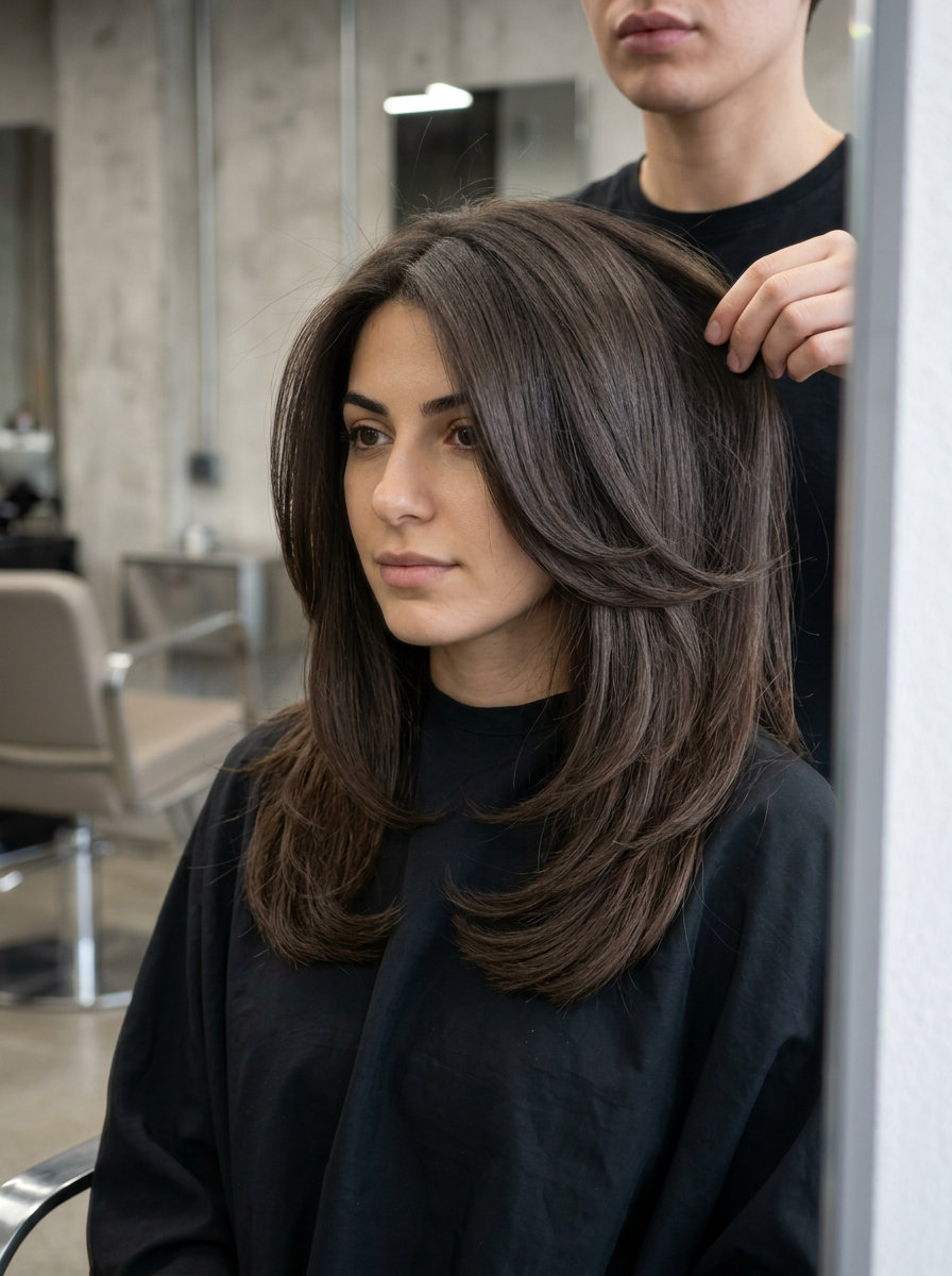 medium-length roasted mocha curve cut with inward-curving layers and deep side part for chic look