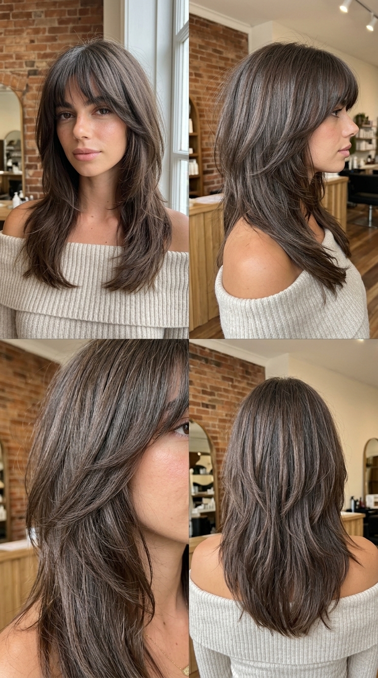 shoulder-length shag haircut with roasted mocha, razored layers, textured fringe for boho style