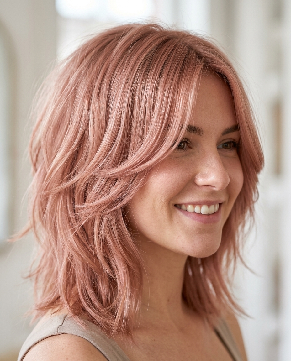Rose Gold Shag Lob 2026 collarbone-length shag haircut with rose gold color, natural root, soft layers — romantic, playful