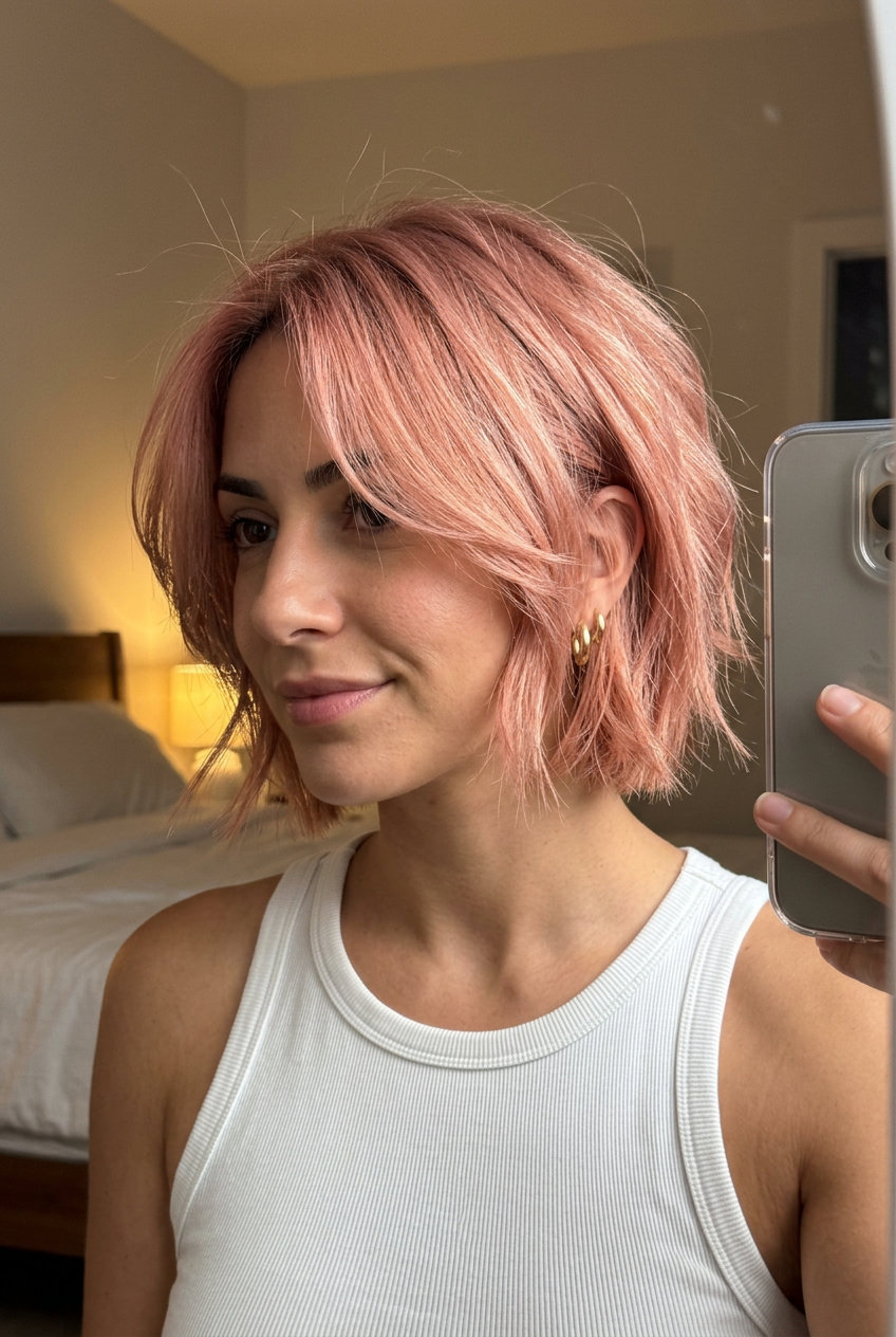 jaw-length rose gold bob haircut with shattered layers and face-framing pieces