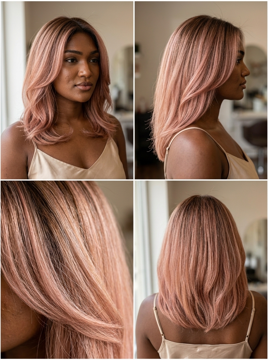 long rose gold color melt on warm brown with soft pink and gold tones for summer wedding