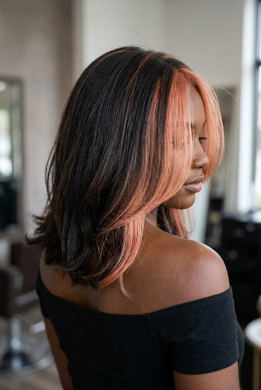 long rose gold money pieces with peach undertones, foil highlights, no fringe — playful festival look