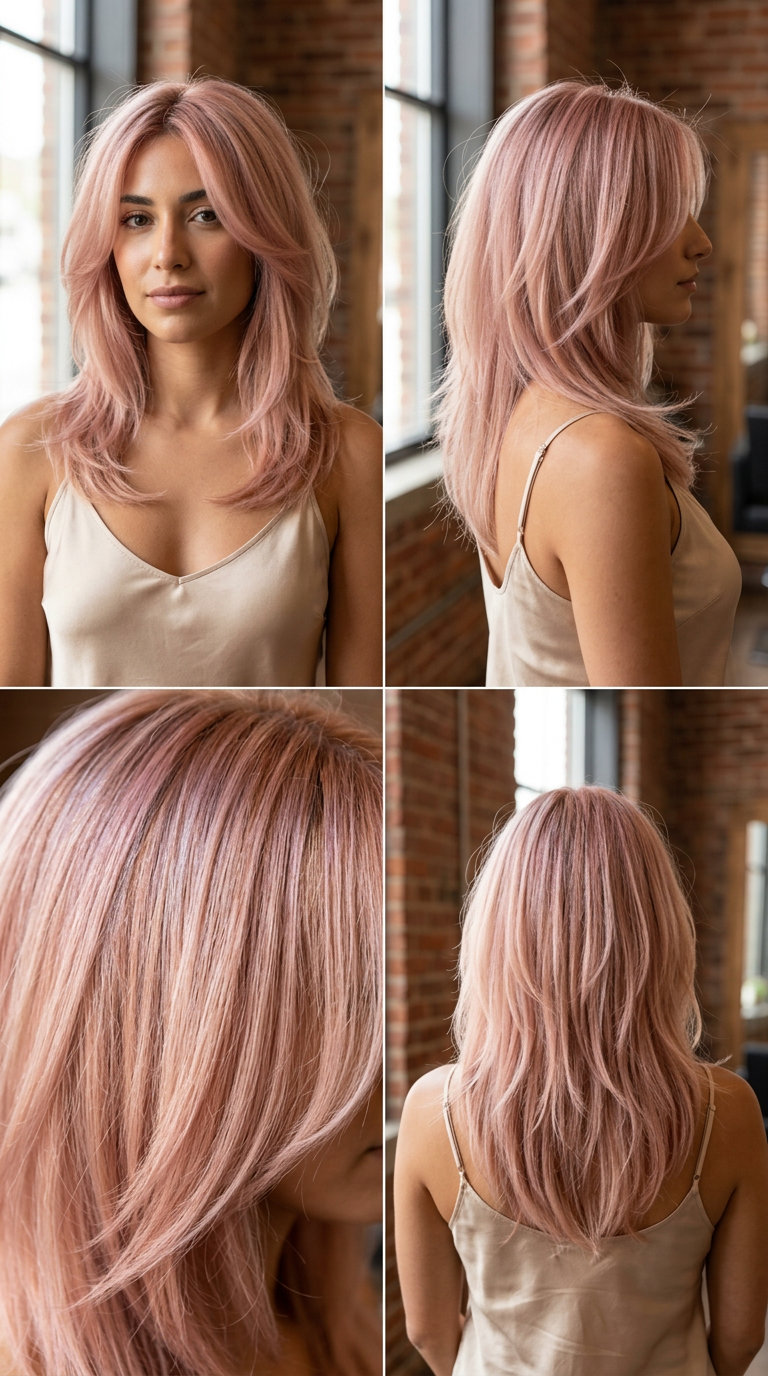 Rose Gold Wolf Cut 2026: Dreamy & Ethereal long rose gold wolf cut with strawberry blonde root, diffused layers, wispy ends — dreamy