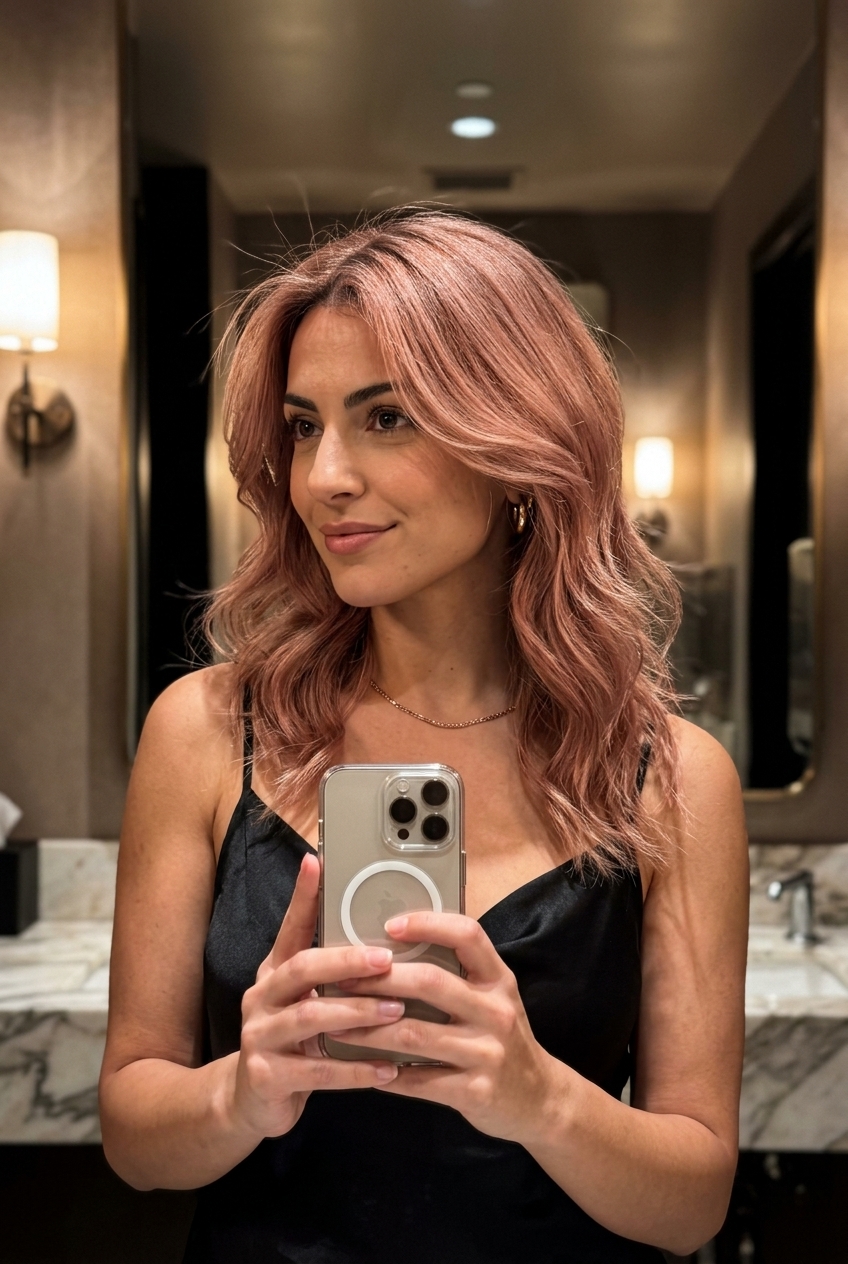 medium layered haircut with rose gold, seamless layers, and curtain fringe for date nights