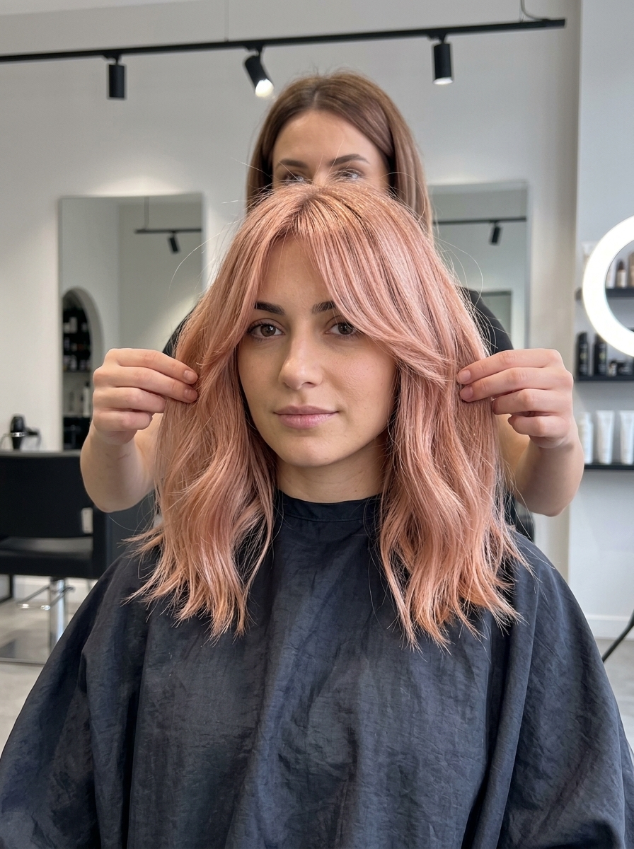 medium-length lob haircut with rose gold color and face-framing layers for summer