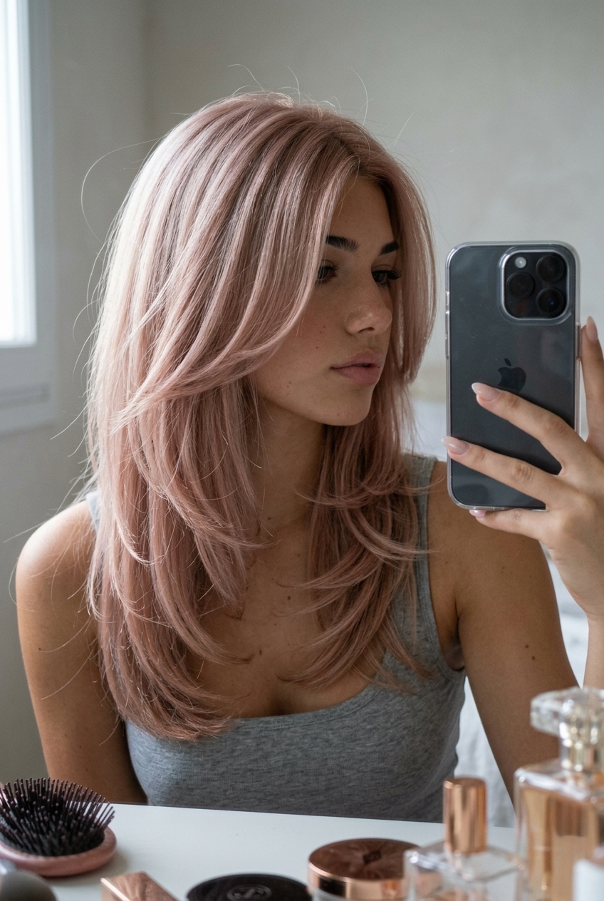 medium-long rose gold butterfly haircut with internal layers, face-framing wings — whimsical date night