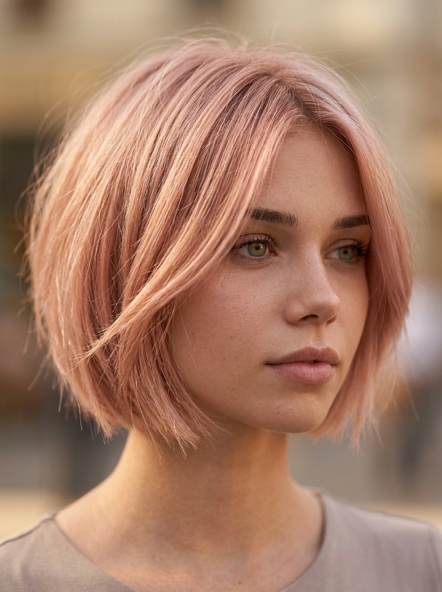short dusty rose gold razor bob with creamy blonde root and soft side part — romantic ethereal