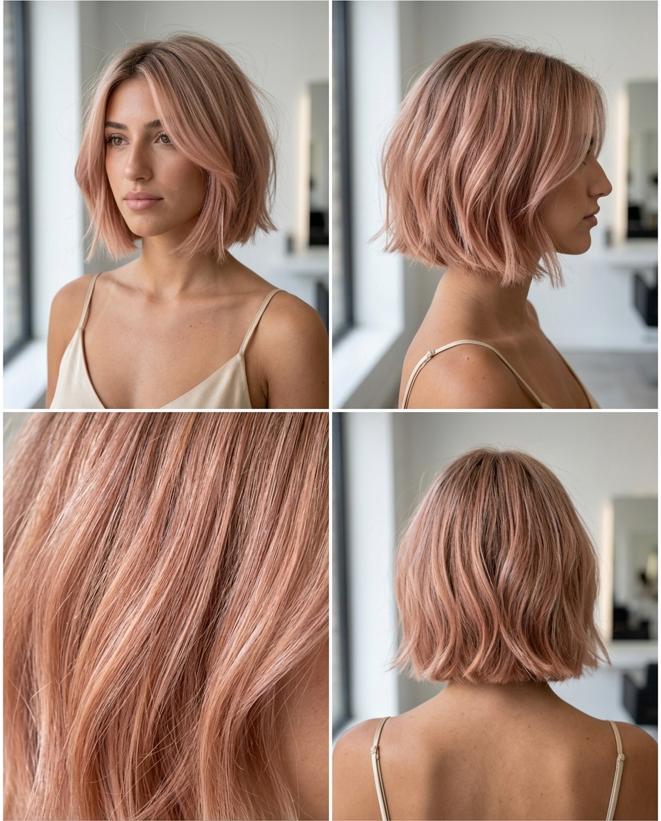 short razor bob haircut with rose gold ombré, shattered texture, and face-framing pieces — trendy