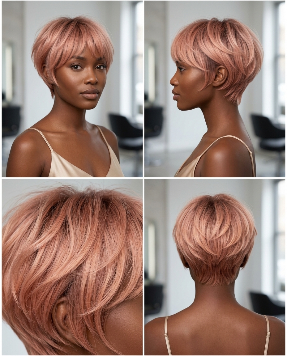 very short pixie haircut with rose gold balayage and micro-fringe for summer 2026