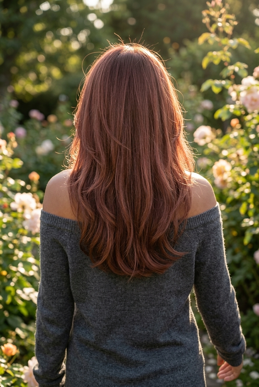 long rosewood copper haircut with face-framing layers for summer 2026
