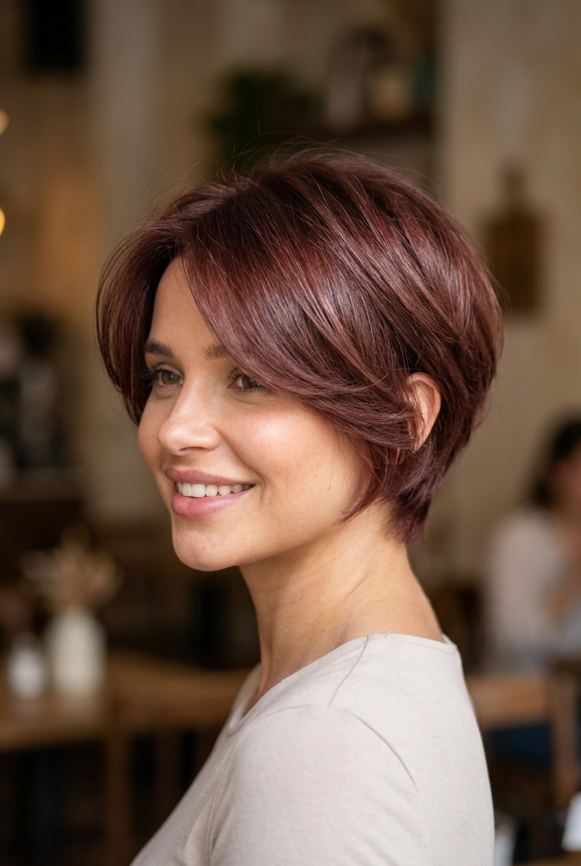 very short pixie haircut in rosewood with copper undertones, graduated layers, face-framing layers — romantic charming look