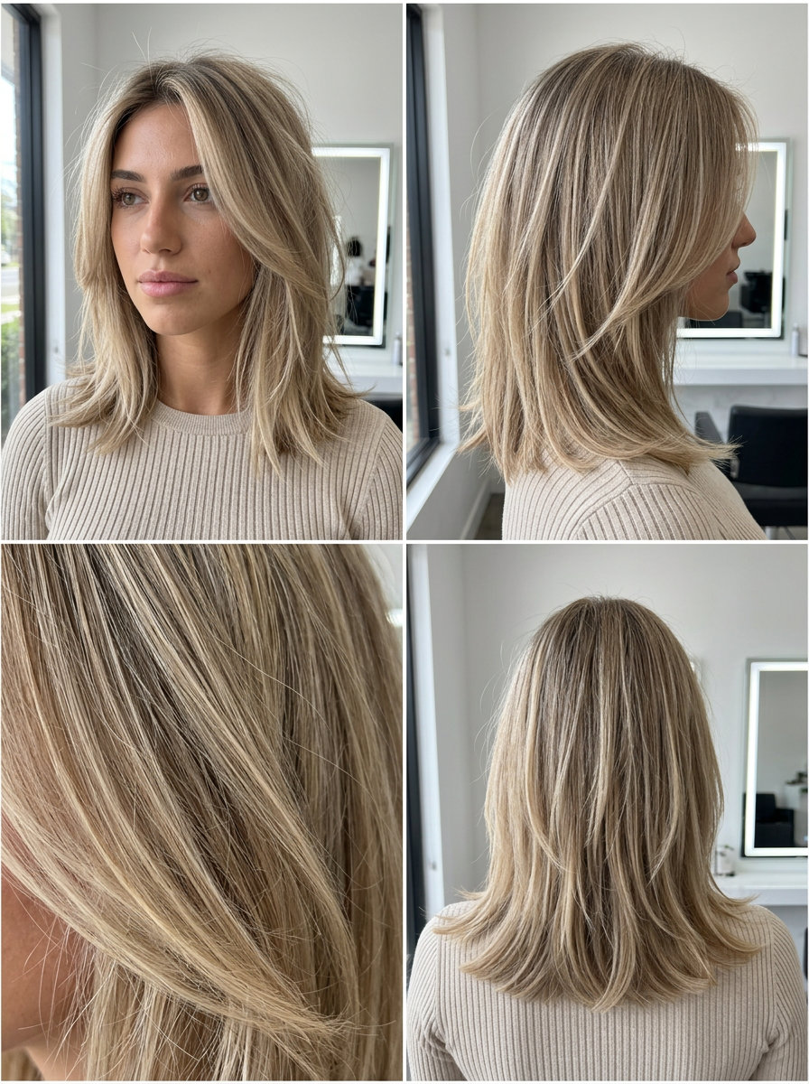 medium sandy beige butterfly haircut with textured layers, collarbone length — playful undone