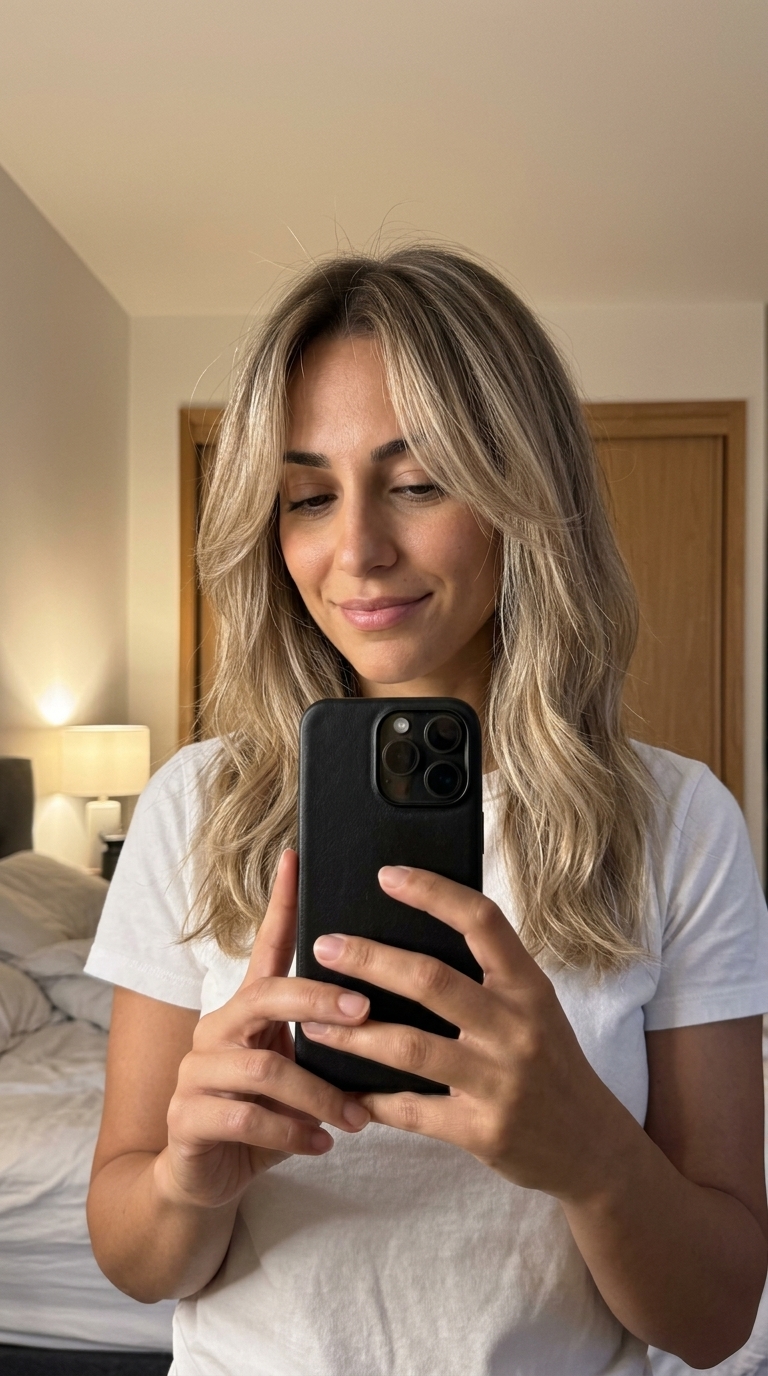 Sun-Kissed Sandy Shag Haircut 2026 shoulder-length sandy beige shag with foilyage, wispy curtain bangs — soft effortless